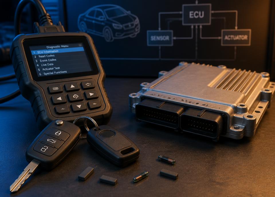 Chaves, transponders e scanner de programação automotiva